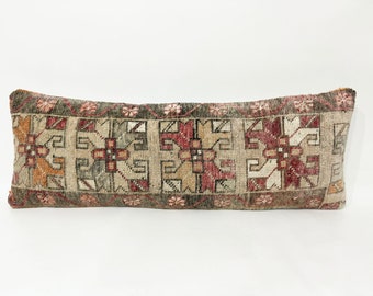 Bed Pillow Cover, Long Lumbar Pillow, Bedding Pillow Cover, Couch Pillow Cover, 12" X 34" Bohemian Muted Color Oushak Rug Pillow Cover