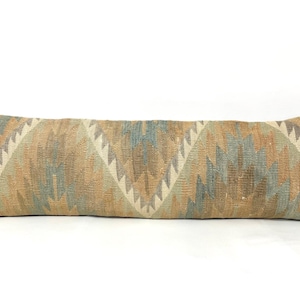 Bohemian Long Kilim Lumbar Pillow with Muted Color, Natural Organic Wool Long Lumbar Pillow Cover for Bed, Bedsize Long Pillow Case 12x40