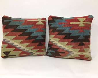 Beautiful Design Pair Lumbar Covers, 16x16 Pillow Covers, Set of Two Pillow, Pair Pillow Covers, Wool Vintage Handmade Pair Lumbar Cover