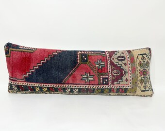 Lang lendenkussen voor bed, Turks tapijtkussen lendenen hoes, lendekussen kussen, marineblauw gedempte rode kleur bankkussen 12 x 35