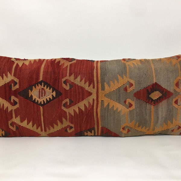 Ethnic Primitive Design Wool Kilim Pillow Cover, Long Bedding Pillow Cover with Muted Red and Blue Color Lumbar Case, 14" X 35" Inches