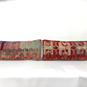Antique Boho Pillow Cover, Set of Two Kilim Pillow Cover, Small Cushion Cover, Pillow for Chair, Long Pillow Cover, Mid Century Minimalist