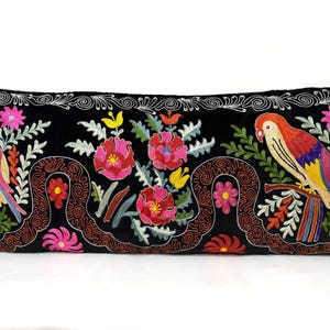 Extra Long Large King Size Lumbar Pillow Cover, Velvet Pillow Cover with Parrot Pattern and Flowers, Needlepoint Handmade Lumbar 19&quot; X 45&quot;