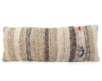 Vintage Long Pillow Cover, Hemp Lumbar Neutral Wool and Hemp Pillow, Country Home Decor, Bedding Kilim Pillow, 14" X 36" Inch