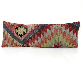 Large Kilim Lumbar Pillow Cover: 16”x36” Muted Bohemian Pillow