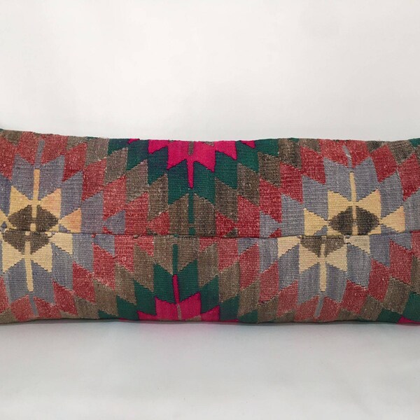 Ethnic Primitive Wool Kilim Pillow Cover, Handmade Kilim Lumbar, Turkish Kilim Pillow, Kilim Lumbar,  Patchwork Pillow Case, 14 X 35 Inch