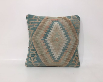 16"x16" Pillow cover, Unique design woven kilim pillow cover, 40x40 Cm cushion cover, Large cushion, Muted Blue colors pillow case, Handmade