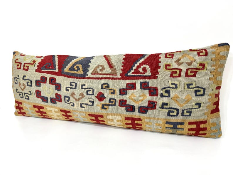 Kilim Pillow Cover, 14"x38" Kissen Kilim Pillow, Blue Cushion, Bed Lumbar Pillow, Bedding Long Pillow Cover, Blue Decor, Kissen Pillow image 3