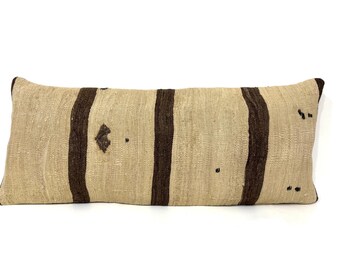 Fodera per cuscino lombare Kilim lungo in lana biologica color crema con righe marroni naturali, 40x99 cm (16x39 pollici).