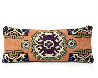 Bohemian Carpet Rug Pillow Lumbar, Muted Green Orange Pillow, Decorative Pillow, Lumbar Pillow, Traditional Design, Vintage Carpet Pillow
