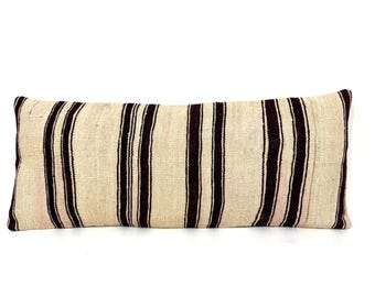 Black Striped Long Kilim Pillow Cover, 16x40 Inches Vintage Cushion Cover, Minimalist Home Decor, Ethnic Cushion Cover, Natural Wool Pillow