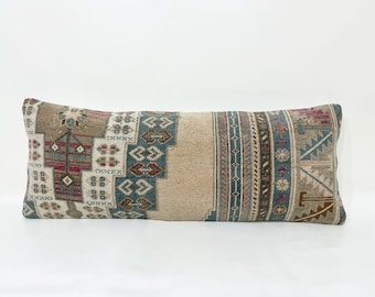 Extra Long Lumbar Pillow Cover, Vintage Bohemian Long Pillow, Handmade Muted Color Carpet Rug Pillow Cover, 14" X 36" Inches Lumbar