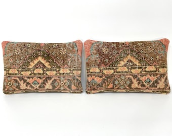 Pair Handwoven Wool Kilim Pillow Covers, Muted Red Bohemian Cushion Covers (15” x 22”