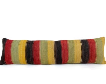 12x45 Extra Long Pillow, King Size Lumbar Pillow Cover, Handmade Lumbar Pillow Cover, Long Kilim Pillow for Bed, Floral Design Throw Sofa