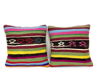 Colourful Wool Pair Pillows, Decorative Kilim Pillows, 18x18 Pillow Case, Set of Two Pillow, Bohemian Pillow, Bedding Pillows, Minimalist