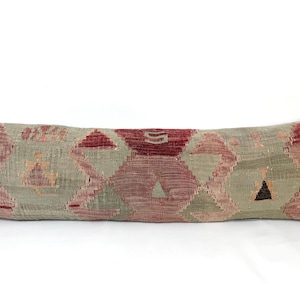 Extra Long Kilim Lumbar Pillow with Muted Red Green Color İnteresting Pattern Bed Lumbar Pillow Cover, Boho Turkish Long Lumbar,13x44 Inches