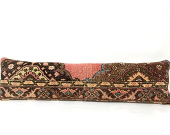 Bohemian Long Pillow Cover, Antique Turkish Carpet Pillow, Handmade Kilim Pillow, Pair Sofa Aztec Pillow, Muted Color Long Bed Pillow 12x49