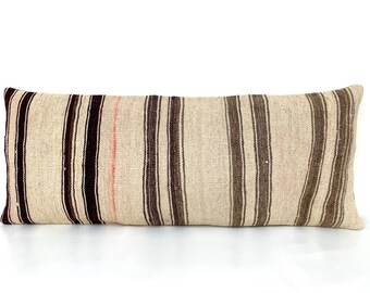 Brown Striped Long Kilim Pillow Cover, 16x40 Inches Vintage Cushion Cover, Minimalist Home Decor, Ethnic Cushion Cover, Natural Wool Pillow