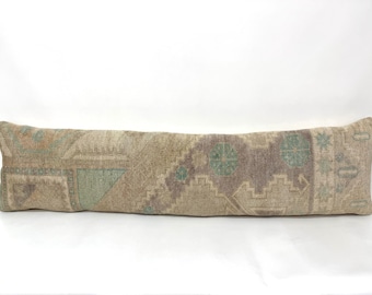 Muted Color Long Pillow Cover for Bed, Authentic Rug Pillow, Antique Kilim Pillow Cover, Long Bedsize Pillow, Ethnic Primitive Kilim Lumbar