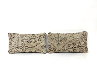 Par de fundas de almohada lumbar de lana vintage tejidas a mano, cojines estilo alfombra boho