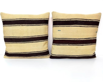 23X23 Large Boho Pillow, Organic Cream Wool with Natural Dark Brown Kilim Pillow, Handmade Bench Cushion, Bedroom Pillow DELIVERED DUTY PAID