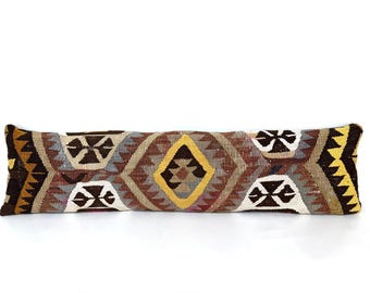 Extra Long Kilim Lumbar Pillow, Rustic Primitive Design Old Pillow Cover, Handmade Turkish Boho Rug Pillow, 12x46 İnch Turkish Pillow