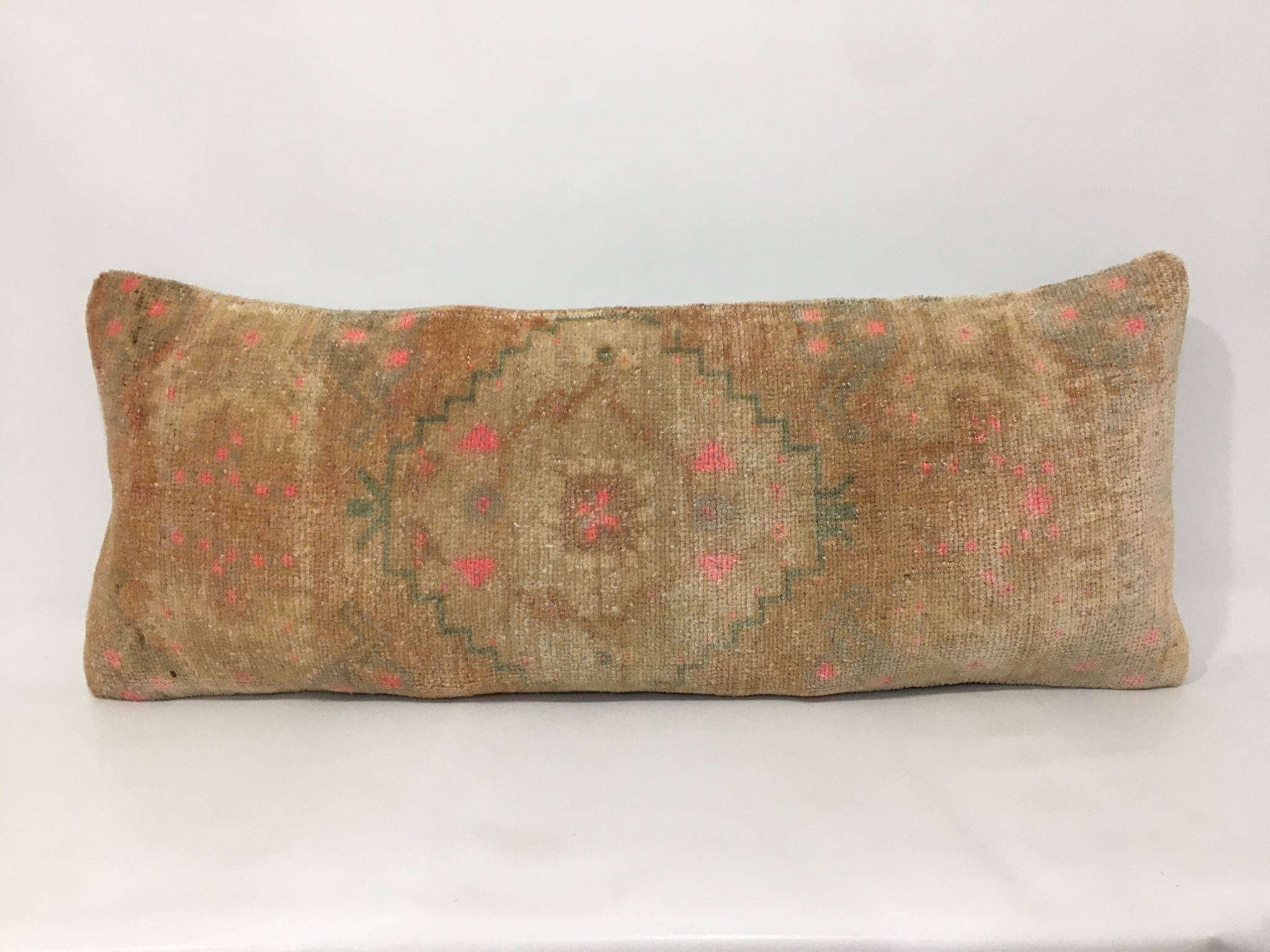Muted Soft Color Bedding Lumbar Pillow Cover, Extra Long Bed Lumbar Pillow Cover, Unique Beautiful Design Handmade Vintage Pillow, 14" X 37"