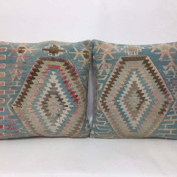 Oreiller Kilim Diomand Design, Housse d’oreiller 20"x20 », Coussin Kilim vintage, Coussin Kilim en laine, Housses d’oreiller 50x50 Cm, Taie d’oreiller bleue sourde