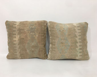 Muted Color Ethnic Geometric Design Pillow Cover, Handmade Unique Pair Kilim Lumbar Cover, Wool Turkish Mathching Kilim Pillow, 16&quot; X 16&quot;