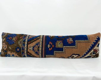 Extra Long Bed Lumbar Pillow, Handmade Long Pillow Cover, Neutral Wool with Traditional Design Pillow Case, 12" X 46" İnch Bedding Lumbar