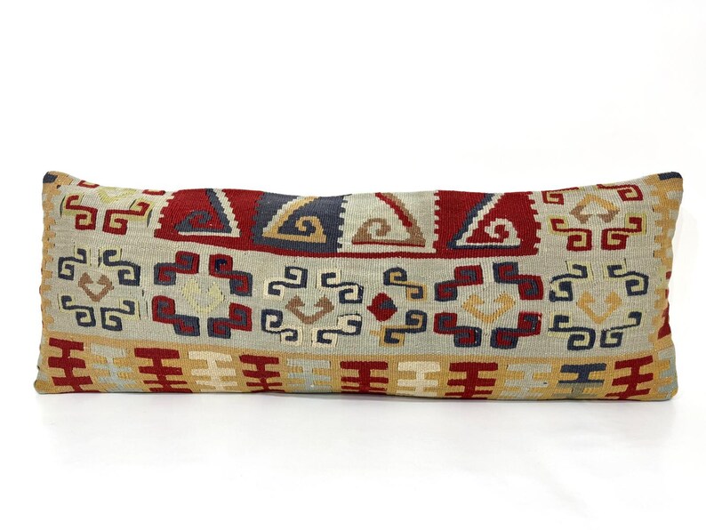 Kilim Pillow Cover, 14"x38" Kissen Kilim Pillow, Blue Cushion, Bed Lumbar Pillow, Bedding Long Pillow Cover, Blue Decor, Kissen Pillow image 5