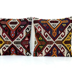 Hand Embroidered Orange Red White Green Kilim Pillow Cover, Large Cushion Vintage Tribal Kilim Pillow Cover, Pair Cushion Case 20x20 Inches