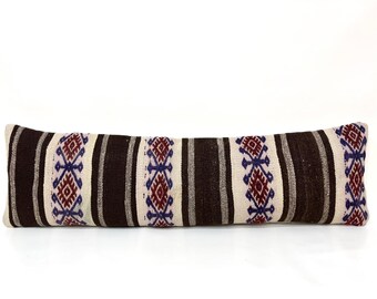 Long Lumbar Pillowcase, Bedding Pillow Cover, Kilim Pillow Cover, Turkish Lumbar Cover, 12x40 Lumbar Pillow, Organic Wool With Embroidery