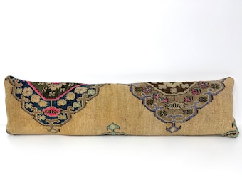 Cojín lumbar extralargo de 12x47 pulgadas, cojín decorativo en tonos tierra neutros fucsia y azul marino, cojín de alfombra antigua hecho a mano para la cama.