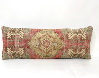 Handwoven Vintage Kilim Lumbar Pillow Cover, Organic Wool