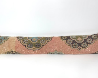 11X57 Turkish Lumbar Pillow For Bed, Neutral Pastel Home Decor, Muted Pink and Sage Green Oushak Pillow