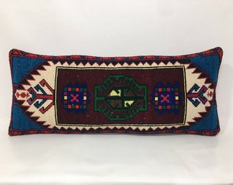Kilim Pillow Cover,Carpet Lumbar,Long Bed Pillow,Pillow for bed,hand Embroidered,Bed Pillow, kilim pillow, long lumbar pillow, 15&quot;X 36&quot; Inch