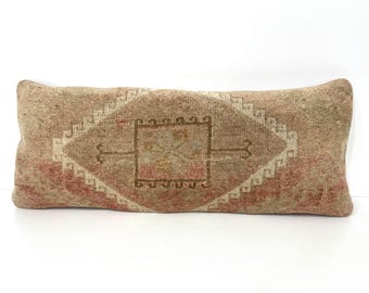 Cojín bohemio rosa pálido y beige, decoración bohemia neutra para el hogar, cojín étnico tribal de 30 x 76 cm, cojín lumbar étnico tribal para banco