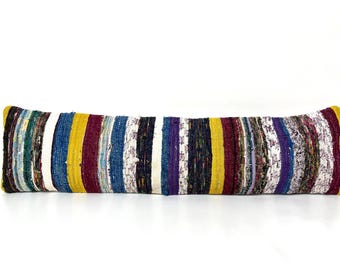 Striped Long Kilim Lumbar Pillow Cover, Turkish Traditional Kilim Pillow, Bedding Pillow, Couch Pillow, Handmade Pillow, 10" X 40" Inches