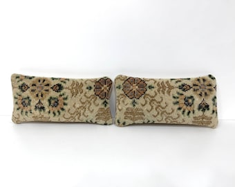 Par de fundas de almohada lumbares de lana hechas a mano, cojín de alfombra antigua, 8x16