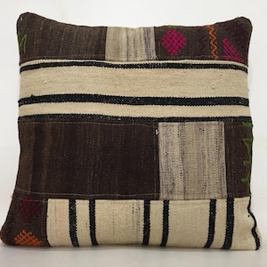 24x24 Pillow Cover, Brown Pillow, Cream Pillow, Organic Wool, Eco Friendly, Neutral Pillow, Kilim Pillow, Large Pillow, Handmade Pillow