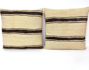 24x24 Turkish Kilim Pillow Set, Organic Cream Wool with Neutral Brown Striped, Neutral Boho Farmhouse Decor DELIVERED DUTY PAID!!!