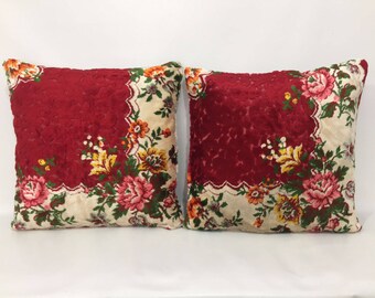 Bohemian Velvet Matching Pillow Case, Velvet Vintage Textile with Flower Design Pillow Cover, 20" X 20" Inches