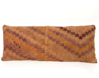 Extra långt kelimfodral till ländryggen, örngott i bänkstil, dämpad orange kudde, sängkudde, blekt orange kudde, broderat sängkuddfodral, 16x40