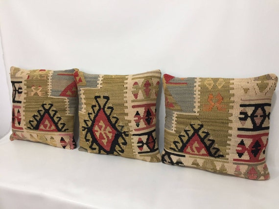 Rug Bench Cushion,Bohemian Wool Cushion Cover, Tribal Traditional Design Kilim Pillow, Handmade 3 Pillow Case
