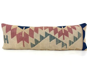 Long Pillow Cover, Bedding Pillow, Rustic Home Decor, Primitive Pillows, Kilim Lumbar Pillow, 12" X 37"Muted Red Blue Green Beige Pillow