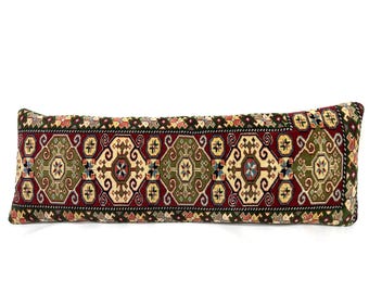 Antique Oriental Rug Lumbar Burgundy Olive Green Cream Traditional Motifs Handmade 14X39