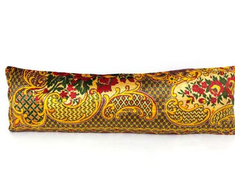 12" X 40" Velvet Lumbar Flowers Pattern Handmade Vintage Lumbar Cover, Wool Soft Color Cushion For Bed, Bohemian Home Decor