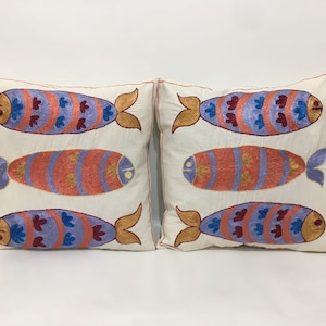 Fish Pattern with Silk Hand Embroidered Pair Pillow Covers, Vintage Matching Cushion Cover, Uzbek Pillow Cover