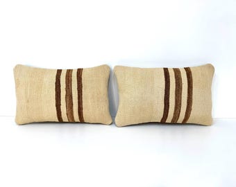 Handwoven Vintage Pair Kilim Rug Pillow Covers Soft Wool with Striped Wool Matching Turkish Handcrafted Pillow Covers 10" X 16"